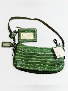 Villager Green Croc-Embossed Mini Shoulder Bag with Cardholder and Key Chain
